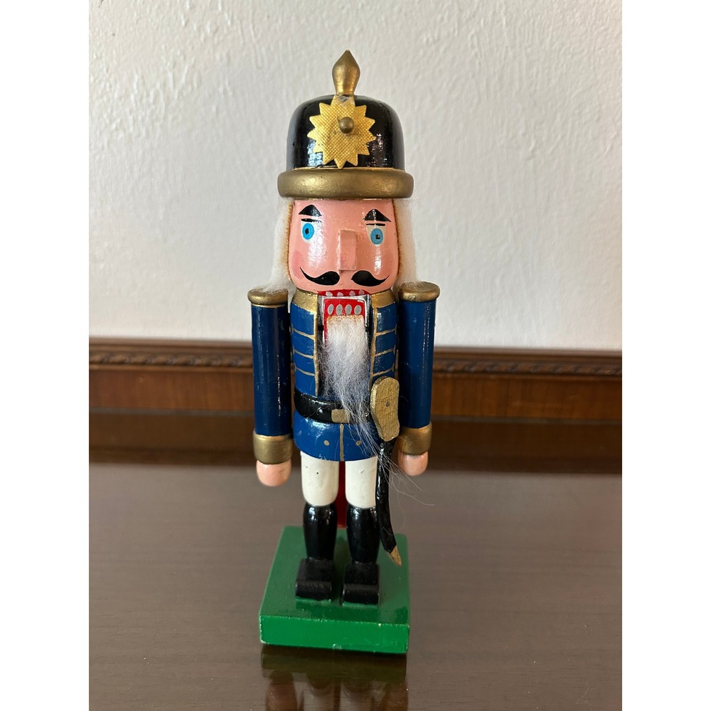 Vintage Style Wooden Soldier Nutcracker Blue Uniform Christmas Decor 10 Inch